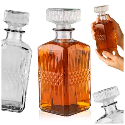 Zdjęcie produktu dla SuperButelki - Szklana karafka 1l z korkiem, tłoczone szkło, elegancka butelka na whisky, bimber, wódkę, pomysł na prezent, klasyka, PREMIUM,