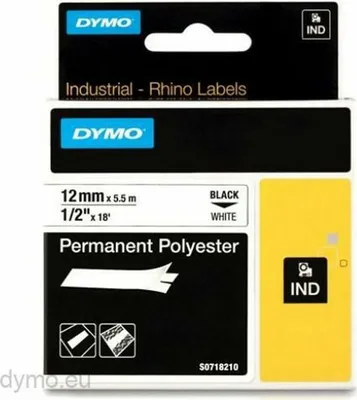 Produktbild von DYMO Rhino Industrie Permanente Polyesteretiketten | 12 mm x 5,5 m | Schwarz auf Weiß | selbstklebendes Schriftband | für Rhino und LabelManager Beschriftungsgerät, Schwarz auf weiss, Mehrfarbig, Polyester, -40 - 150 °C, UL 969, DYMO