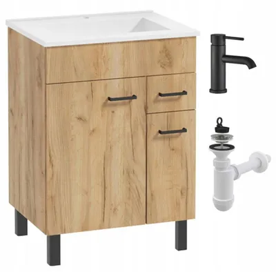 Zdjęcie produktu dla Szafka Łazienkowa z Umywalką Stojąca 60 cm Dąb Craft Złoty Bateria Czarna