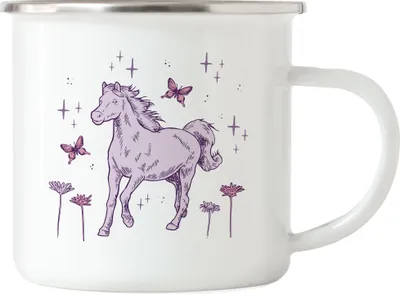 Produktbild von Pferd Emaille Tasse Pferde Hengst Stute Hobbie Pferdeflüsterer Pferdeliebhaber Reiten Spirit Reiterin Schmetterlinge