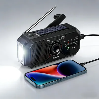 Produktbild von Solar Radio, Notfunkgerät mit LED-Beleuchtung, SOS Alarm, Notfallradio AM/FM Wetter Wind Up Radio mit 1200-mAh-Akku, Notbeleuchtung, Wiederaufladbar