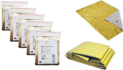 A collage of emergency blankets, with a group of individually packaged blankets on the left and a stack of unfolded blankets on the right.