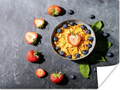 Produktbild von MuchoWow® Poster Erdbeere - Cornflakes - Beeren - Kräuter 160x120 cm - Foto Plakat