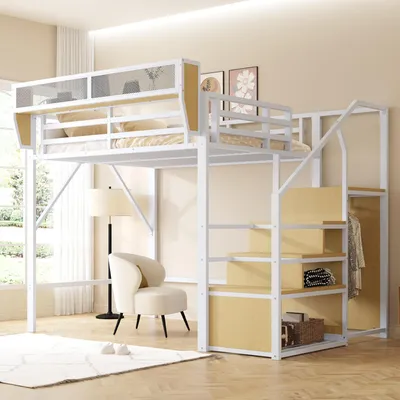 Image de Lit mezzanine 140x200 cm avec échelle de sécurité et étagère réglable, lit en métal avec espace de rangement, lit gain de place pour adultes et enfants, blanc