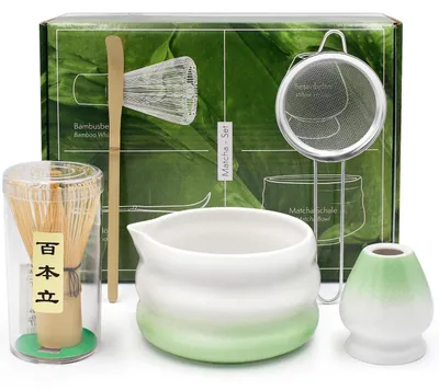 Immagine prodotto di Set da tè Matcha, composto da 5 elementi: frusta per matcha, ciotola, setaccio, supporto e cucchiaino, colore verde