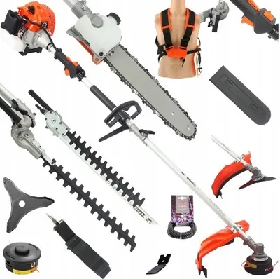 Produktbild von DEMON Benzin Freischneider Rasenmäher 4in1 MEGA Set Motorsense Rasentrimmer Hochentaster Heckenschere Kettensäge