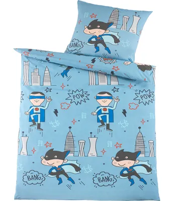 Produktbild von 2-tlg. Renforce Jugend Bettwäsche, 135x200 +80x80cm, Motiv: Superboy, blau, 100% Baumwolle