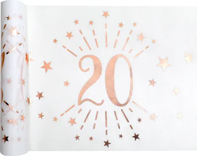 Produktbild von Tischläufer Vlies Weiß Zahl 20 Rosegold 5 m x 30 cm Geburtstag
