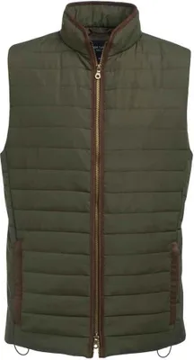 A studio shot of a green quilted vest with brown trim.