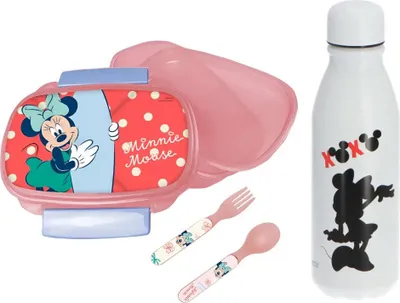 Produktbild von Disney Minnie Maus 4 teiliges Lunch Set Brotdose Alu-Trinkflasche - Löffel Gabel