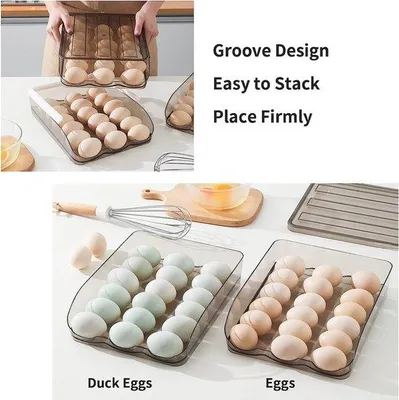 Obrázek produktu pro Unyqoos® – Průhledná plastová krabička na vejce do lednice (jednovrstvá), rozměry 28,5 × 21,5 × 7 cm, kapacita 18 vajec na vrstvu, možnost stohování až do kapacity 54 vajec