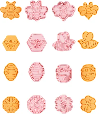 Obrázek produktu pro CANDeal 8 kusů reliéfní včelí vykrajovátka na sušenky, mini voštinová květina, razítko na sušenky, včela, květinové tvary, 3D plastové vykrajovátko na sušenky pro děti, fondán, pečení sušenek, příslušenství na narozeninové oslavy