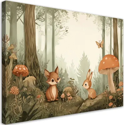 Produktbild von Leinwandbild für Kinderzimmer Waldtiere Natur Beige 100x70 Feeby Grün bild für die wand bereit zum aufhängen
