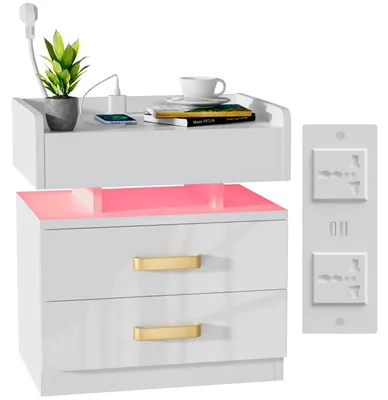 Image de Table de chevet LED - Grande commode de nuit - Station de charge USB - Éclairage avec 16 couleurs - 2 tiroirs - Blanc