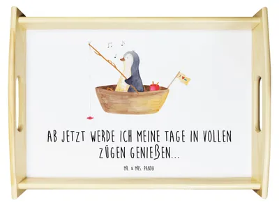 Produktbild von Mr. & Mrs. Panda Tablett Pinguin Angelboot - Weiß - Geschenk, Leben, Boot, Sofa, Liebeskummer, Angeln, Holztablett, Deko, Serviertablett, Optimistisch, aus holz