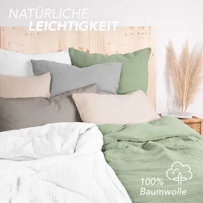 Produktbild von Pure Label Musselin Bettwäsche 135x200 cm mit einem Kissenbezug 80x80 cm aus 100% Baumwolle - Traumhaft weiche Bettwäsche-Sets in weiß aus Musselin