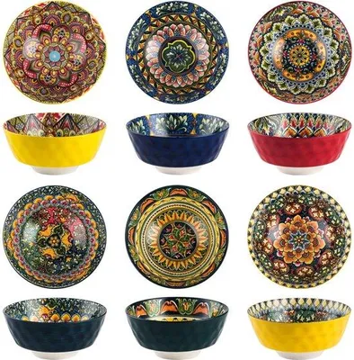 Productafbeelding van Unyqoos® set van 6 kleurrijke keramische schalen in boho-stijl – handgemaakt, geschikt voor de magnetron en vaatwasser, ideaal voor muesli, soep en salade