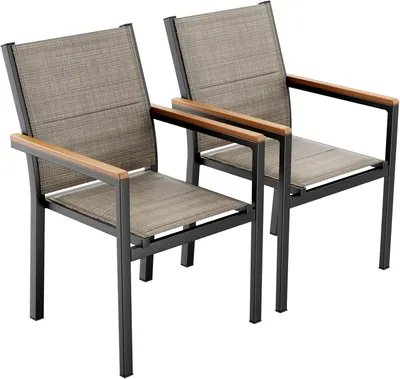 Produktbild von Gartenstuhl-Set - Stapelbare Esszimmerstühle - 2 Stück - Aluminium - Textilene - Armlehnen - Leinenbraun