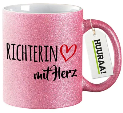 Produktbild von Huuraa Glitzertasse Richterin mit Herz 330ml Pink Keramik Kaffeebecher Geschenkidee