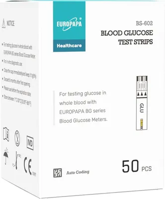 Produktbild von EUROPAPA® Blutzuckerteststreifen 50 STK. für Blutzucker-Wertes Kontrolle, Diabetiker- zur Diabetes- und Glukoseüberwachung