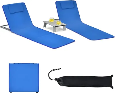Produktbild von KOMFOTTEU 2er Set Strandmatte mit Tisch, Kopfkissen & Tasche, 3-teiliges Badematten Set, Strandliege mit 5-Fach verstellbare Rückenlehne,(Blau)