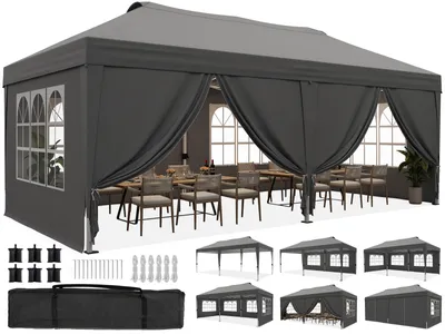 Produktbild von Quictent 3x6m Faltpavillon, Pavillon EIN-Tasten-Zentralverriegelung, faltbar mit 6 Seitenwänden, UV-beständig, Gartenpavillon mit Abflusslöchern ,Grau