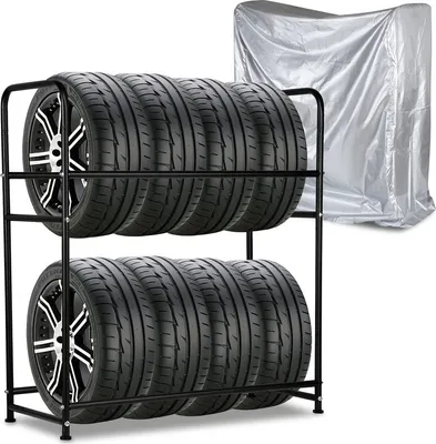 Produktbild von Fiqops Reifenregal Reifenständer für 8 Reifen Lagerregal mit Schutzhülle Schwerlastregal Werkstattregal Tragkraft 180KG 107x46x117cm