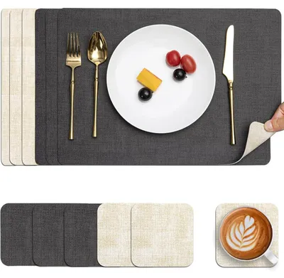Productafbeelding van Tafelsets, vaatwasmachinebestendig, kunstleer, antislip, set van 6, grijs, crème, wit