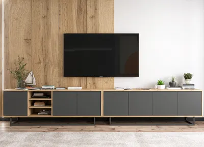 Obrázek produktu pro 2 ks RTV skříňka - Apollo + Apollo2 - TV skříňky - Loftový styl, Lindner nábytek - 300cm, Dva černé kovové rámy, Barva: dub Wotan - grafitový matt