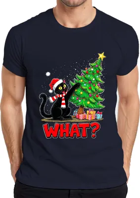 Produktbild von WHAT? schwarze Katze Weihnachten lustig Weihnachtsbaum Geschenke Herren T-Shirt, Navy, XXL