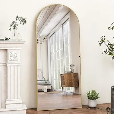 Imagen del producto de Espejo de cuerpo entero de 165 x 57 cm, espejo de pie con forma arqueada y marco de aluminio. Se puede colocar de forma independiente o fijarlo a la pared. Espejo moderno con forma de arco, ideal para vestidores, dormitorios y salones