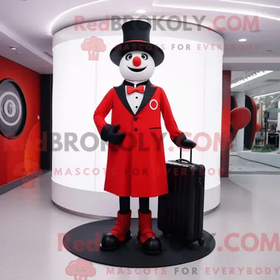Produktbild von Maskottchenfigur REDBROKOLY eines roten Zirkusdirektors mit Faltenrock und Aktentasche