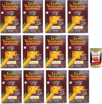 Produktbild von Le Veneziane Pasta di Mais Ditalini, senza glutine,100% italienische Maisnudeln, glutenfrei. gluten free 12x 250g + Italian Gourmet polpa 400g
