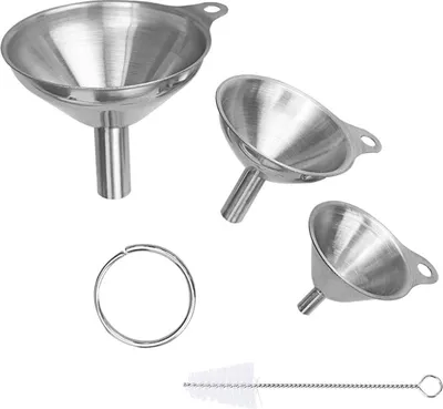 Produktbild von Edelstahl Trichter Set, 3 Stück Edelstahl Kleine Trichter, Stapelbarer Kleiner Trichter Mit Griff, Küchenfüllwerkzeug zum Übertragen von Flüssigkeit, Kochölen, Marmelade und Pulver