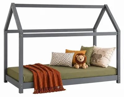 Produktbild von Homestyle4u Kinderbett 90x200 Hausbett Grau mit Lattenrost Kinder Bett Haus Holz Kiefer