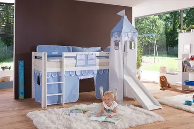 Produktbild von Einzelbett Alex Buche massiv 90x200 cm Weiß lackiert mit Stoff-Set und Rutsche
