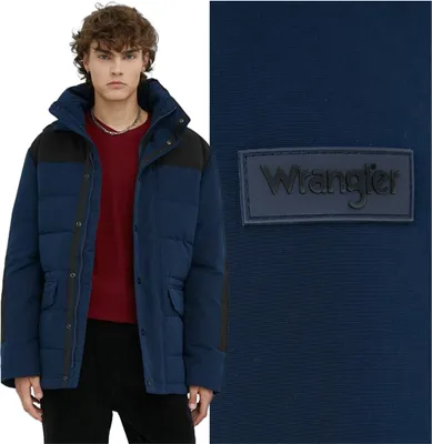 A man wearing a blue winter jacket and a close-up of the jacket's fabric with a logo.