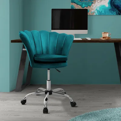 Produktbild von ML-Design Bürostuhl aus Samt, Petrol, Schminktisch Stuhl mit Muschel-Rückenlehne, Drehstuhl mit Rollen, Schreibtischstuhl höhenverstellbar Drehhocker