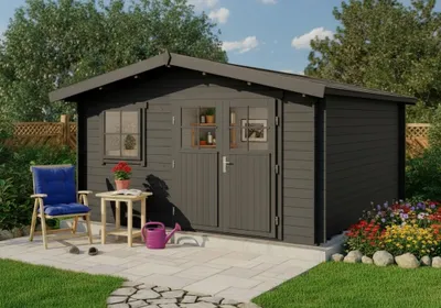 Produktbild von Alpholz Gartenhaus Set Valeria-28 Imprägniert Grau 428x427cm inkl. Dacheindeckung und Fußboden