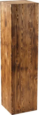 A tall, rectangular wooden pedestal with a rustic, burnt wood finish, presented against a plain white background.