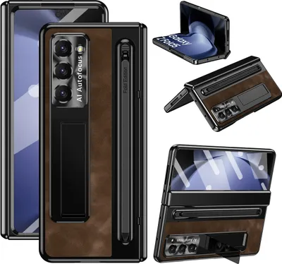 Obrázek produktu pro Pouzdro na Samsung Galaxy Z Fold 6 s kovovou ochranou objektivu a pantu, vintage kožený stojánek kryts držákem na S Pen a ochrannou fólií na displej Káva