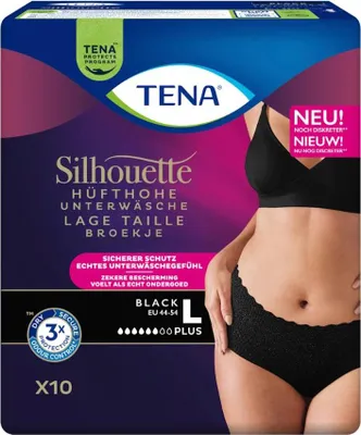 A package of Tena Silhouette Plus incontinence pants, showing a model wearing the product.