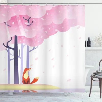 Image de ABAKUHAUS Rideau de douche Fuchs, composition inspirée du printemps Pink Sakura Tree Falling leaves idyllique, 175 x 220 cm, rose pâle lavande