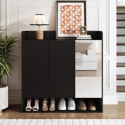 Produktbild von Schuhschrank mit Ganzkörperspiegel Großem Fassungsvermögen Schuhregal Schuhschränke für den Flur 110 x 35,5 x 110 Schwarz