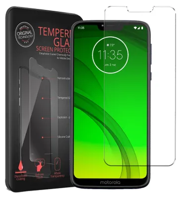 A product packaging and a smartphone with a screen protector.
