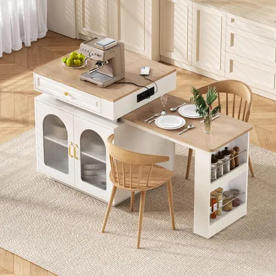 Produktbild von STILVORA Kücheninsel mit Rollen, Küchenwagen mit ausziehbarer Esstisch, Bartisch mit Steckdosenleisten und LED-Beleuchtung,Weiß, als Anrichte Sideboard
