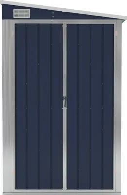 A front view of a dark blue metal shed with silver trim and double doors.