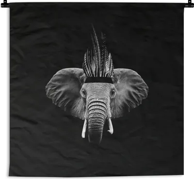 Produktbild von MuchoWow® Wandteppich Wandbehang Elefant - Federn - Hut - Schwarz - Weiß 150x150 cm Tapisserie Dekoration Wandtuch - Wohnaccessoires - Modernes