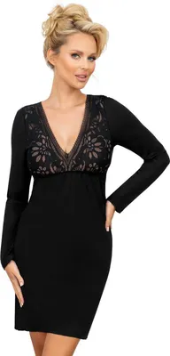 Produktbild von DONNA Damen Elegantes Nachthemd/Negligee mit zarter Spitze, Schwarz Langarm, Gr. 36