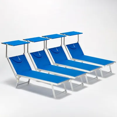 Immagine prodotto di set di 4 lettini da spiaggia professionali in alluminio con tetto Santorini - Blu